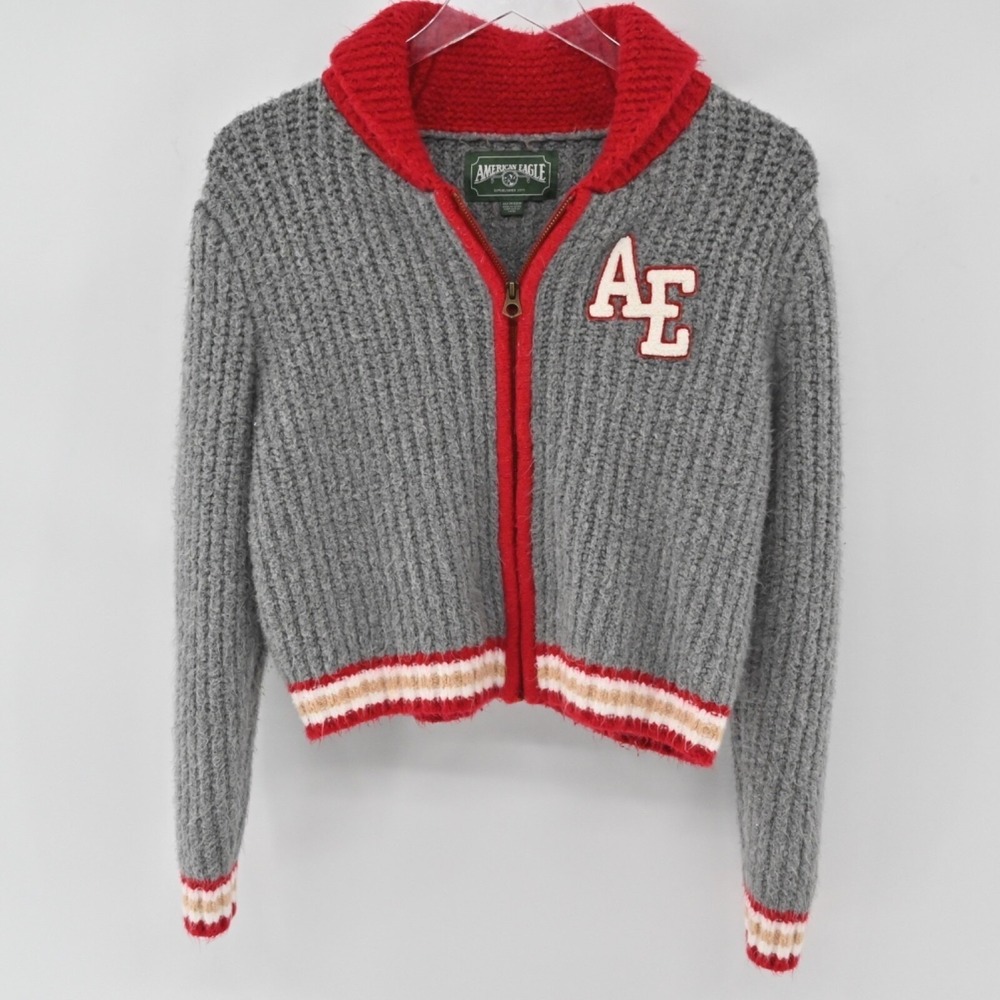 American Eagle Varsity Full Zip Sweater Womens Size XS Gray Red Cotton Y2K Knit - Picture 1 of 14